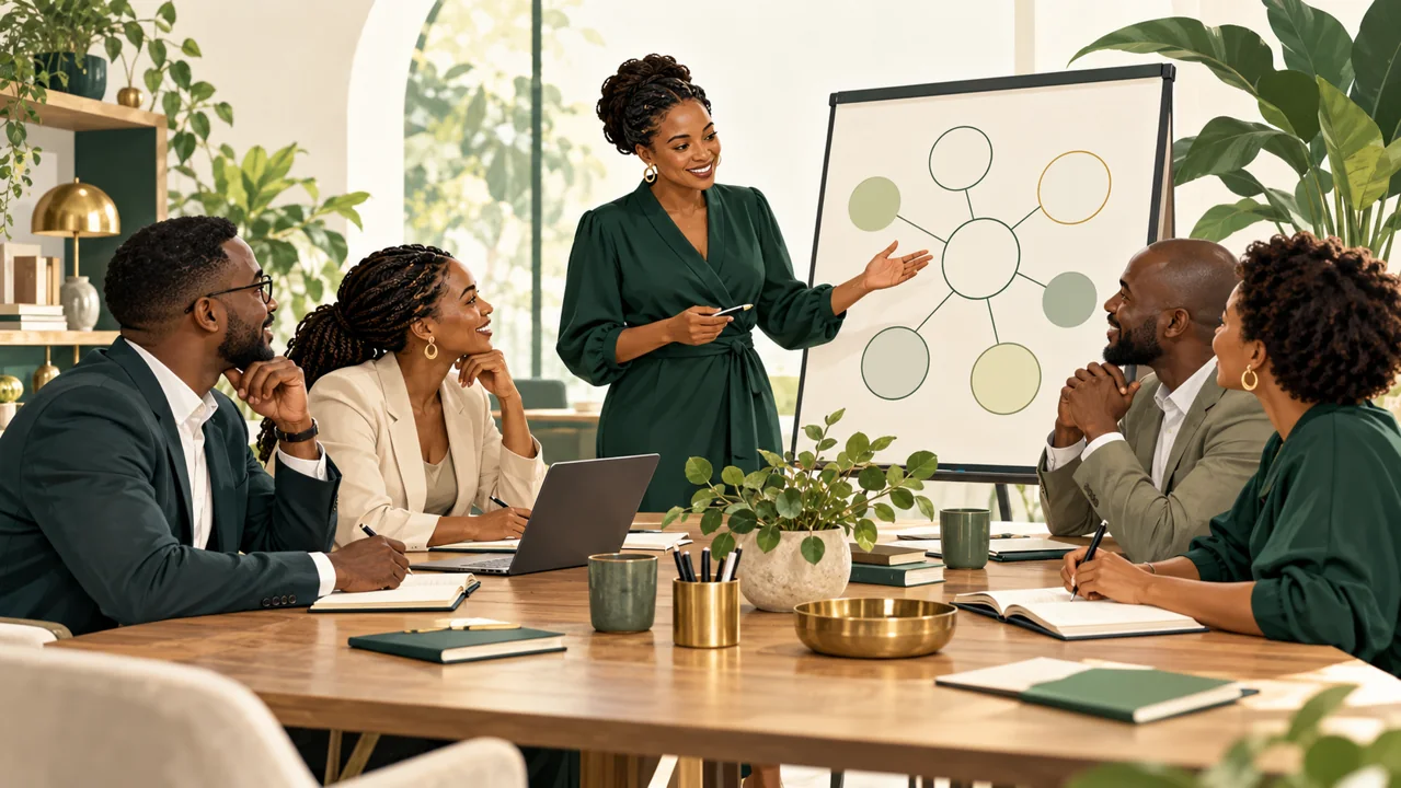 A facilitator guiding professionals through a collaborative relationship-mapping exercise