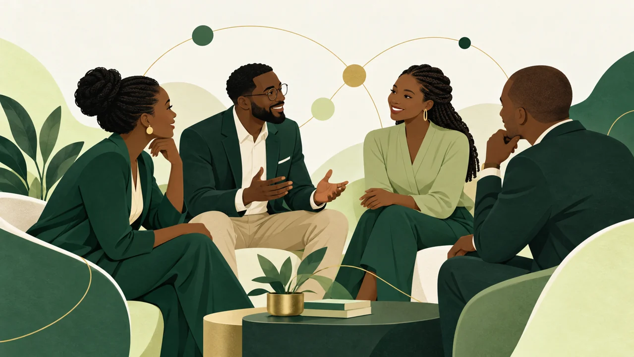 Professionals building trust through conversation and mutual support